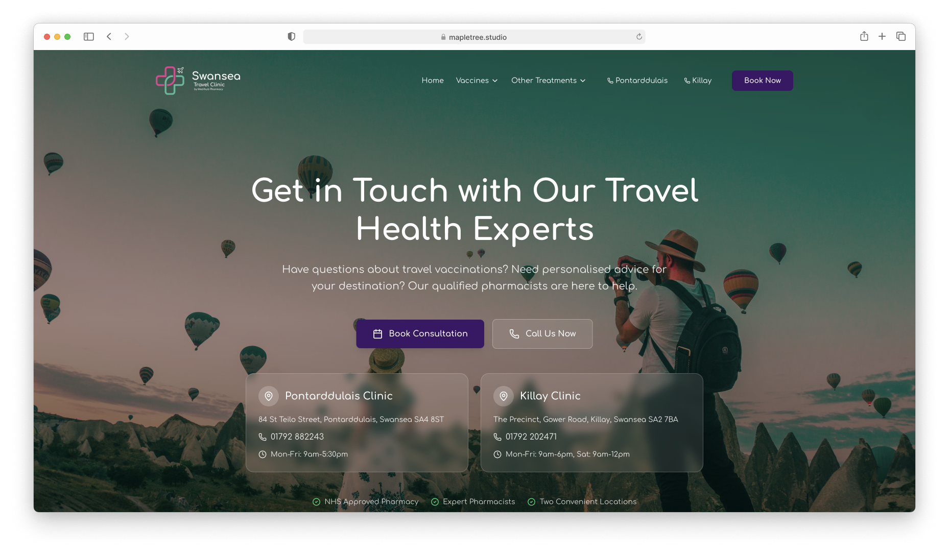 Swansea Travel Clinic website screenshot showing homepage design